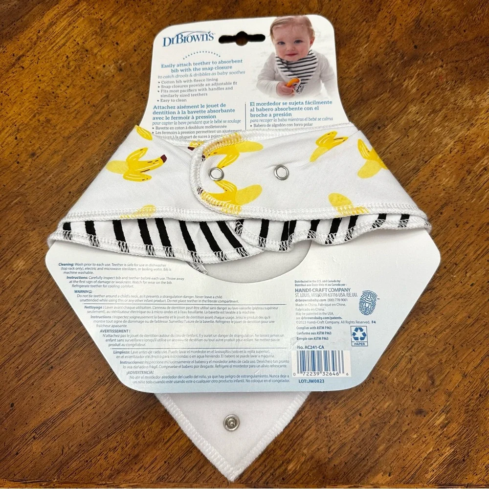 NEW- Dr. Brown's Banana Print Set of Bandana Bibs W/Attachable Silicone Teether